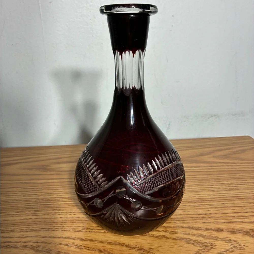 Vintage Bohemian Red Cut to Clear Glass Vase Decanter Bottle